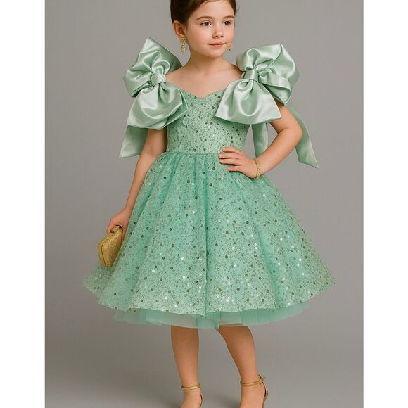 Pseadujcn Mint Teal Sequin Satin Bows Pageant Dress Formal Dress NWT 4 - Picture 1 of 12